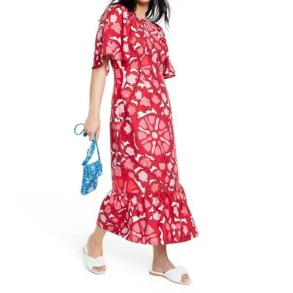 Rhode Zinnia Floral Red Bell Sleeve Midi Ruffle Dress NWT - Picture 1 of 16